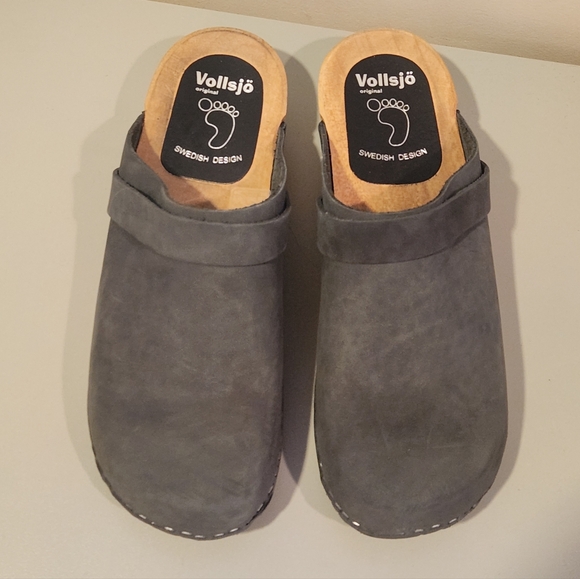 Vollsjo Swedish Clogs size 42/12 (11.5) gray-green genuine suede low wooden heel - Picture 9 of 16